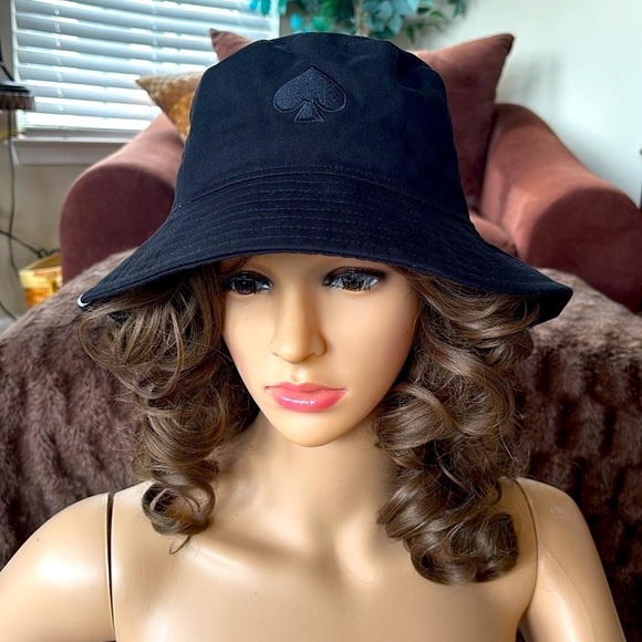 Brand New Kate Spade Black Logo Bucket Hat Pink Lining Classic Preppy